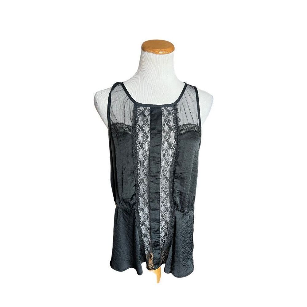 NWT Womens Hinge Black Sateene Lace Detail Peplum Stunning Sleeveless Top - Sz L